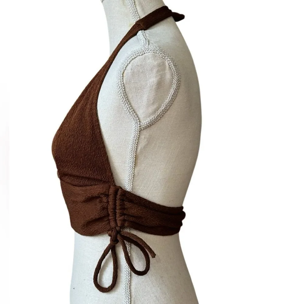 Women's Halter Neck Crop Top Boho Brown V Neck Top / Bikini Size Medium